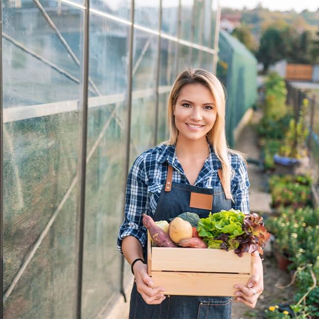 Woman holding a crate of vegetables beside a greenhouse