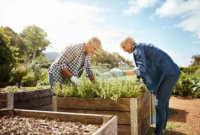 Man and woman bending over a planter box